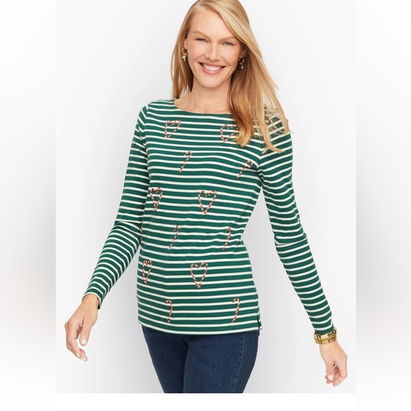 Talbots Bateau Neck Tee Candy Cane Holiday Stripe Women’s SZ XL Green White - Picture 1 of 9